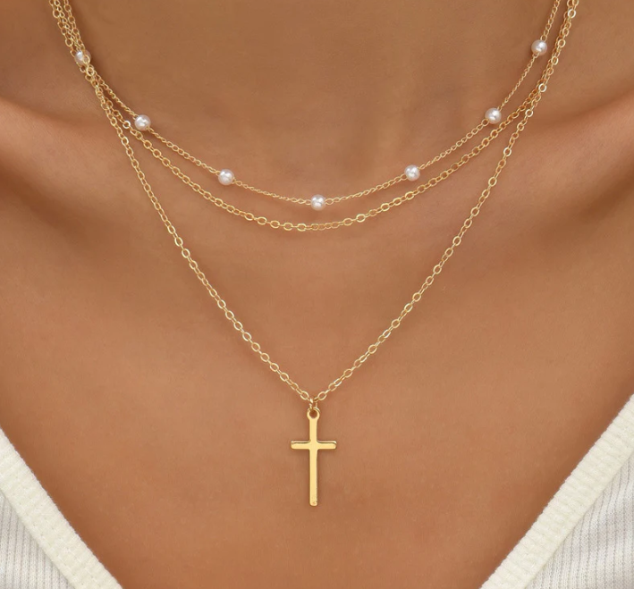 Triple Layer Pearl Cross Necklace