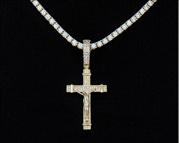 Iced Flat Crucifix Cross Pendant in White Gold