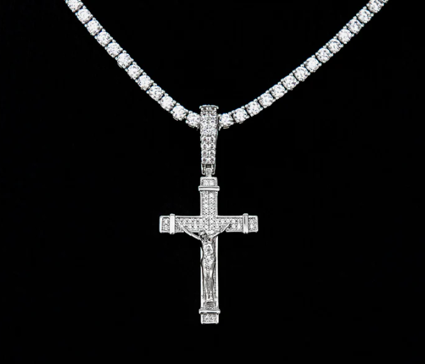 Iced Flat Crucifix Cross Pendant in White Gold